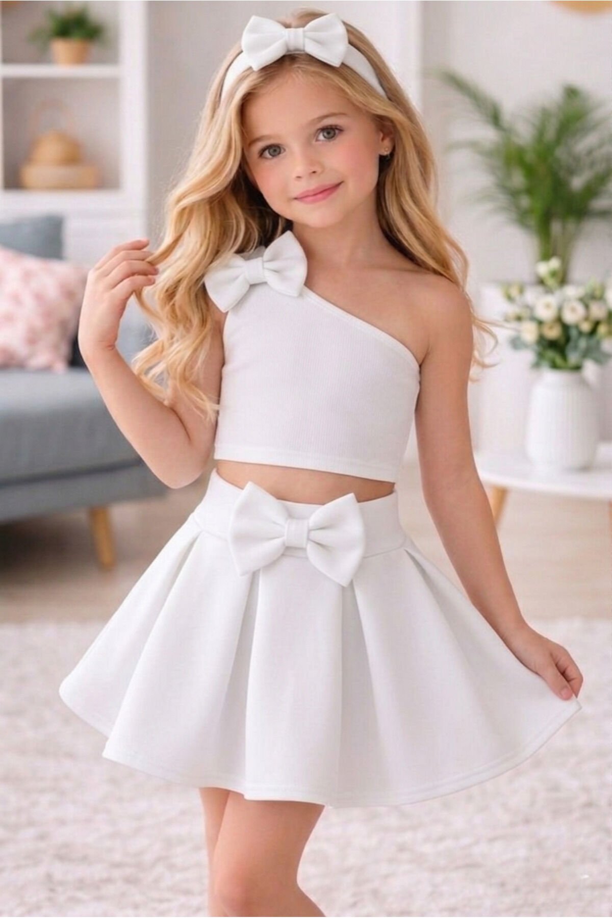 Kız çocuk etek crop bandana set doğum günü bayram özel gün seti