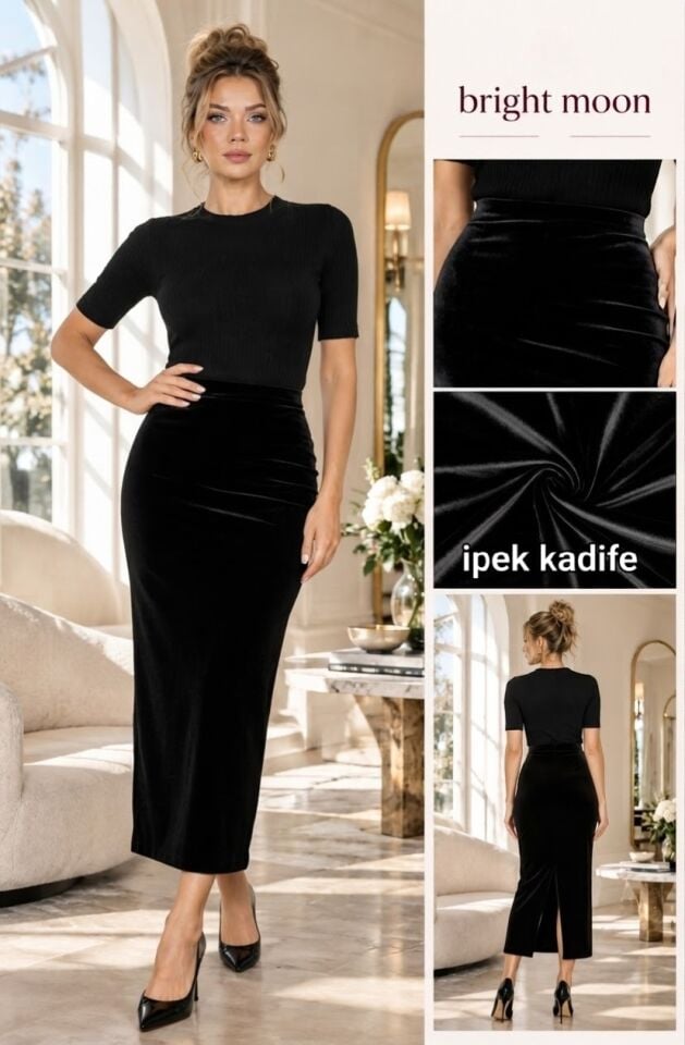 Kadın kadife kalem etek arkası yırtmaç detaylı