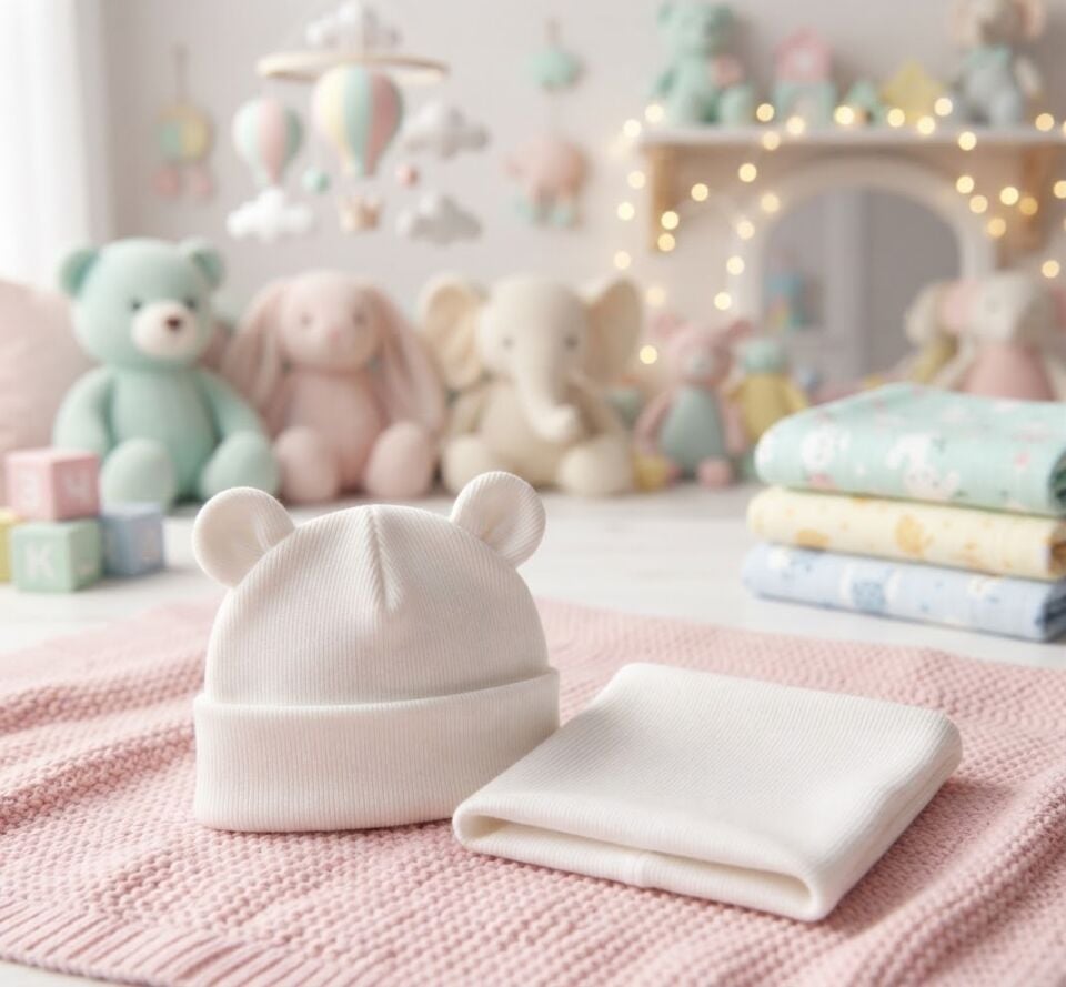 Çocuk unisex Sevimli Kulak Detaylı Bebek Bere ve Boyunluk Kombini