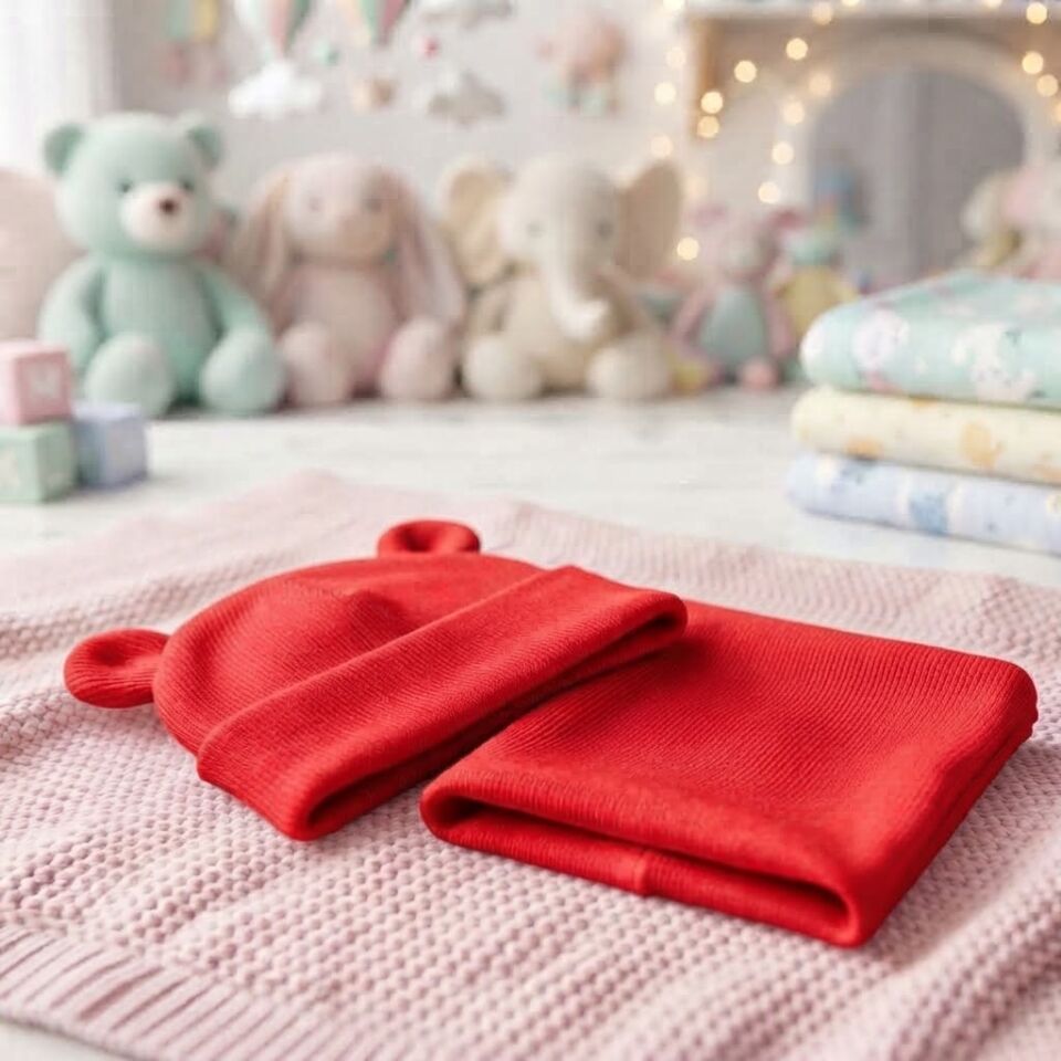 Çocuk unisex Sevimli Kulak Detaylı Bebek Bere ve Boyunluk Kombini