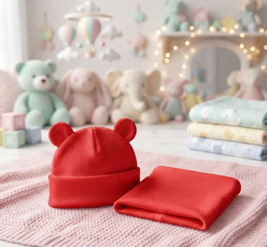 Çocuk unisex Sevimli Kulak Detaylı Bebek Bere ve Boyunluk Kombini