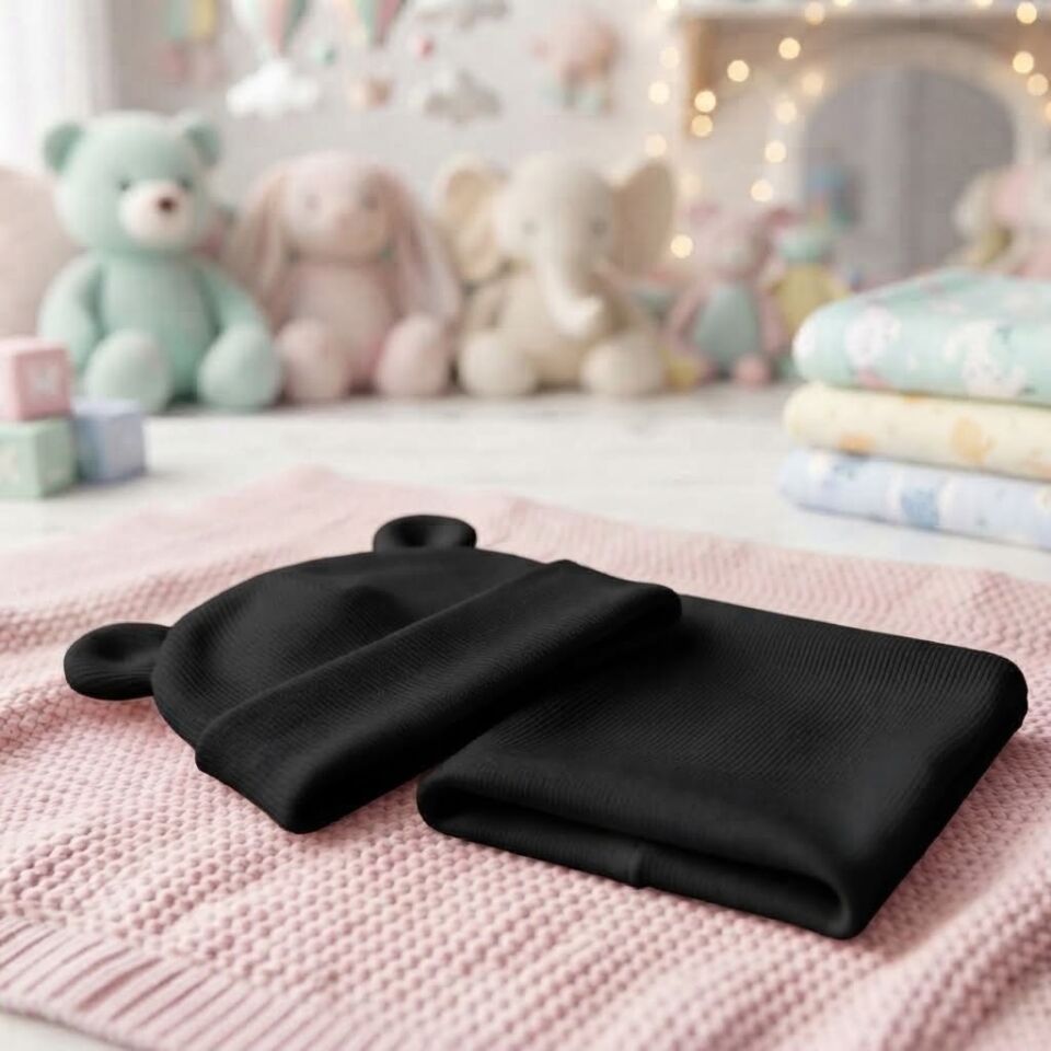 Çocuk unisex Sevimli Kulak Detaylı Bebek Bere ve Boyunluk Kombini