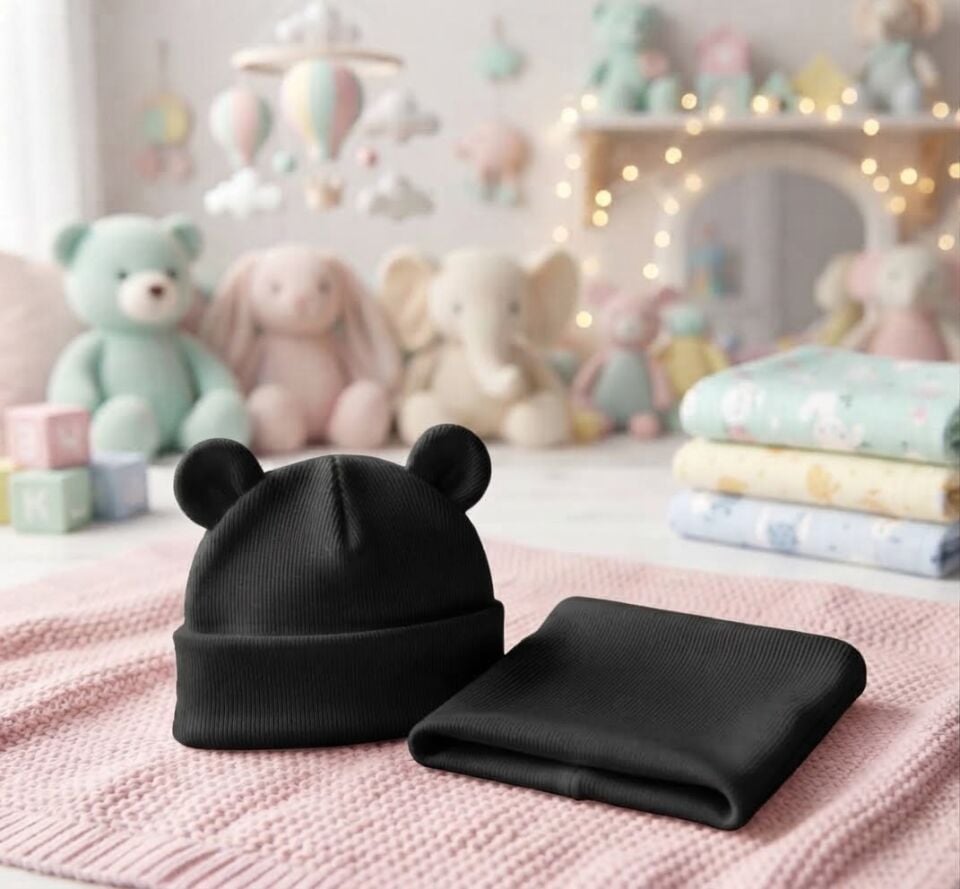 Çocuk unisex Sevimli Kulak Detaylı Bebek Bere ve Boyunluk Kombini