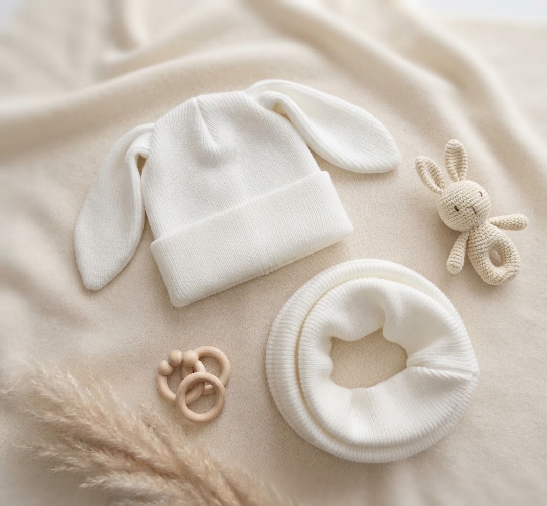 Unisex Tavşan Kulaklı Bere ve Boyunluk Bebek Çocuk Kombin Seti