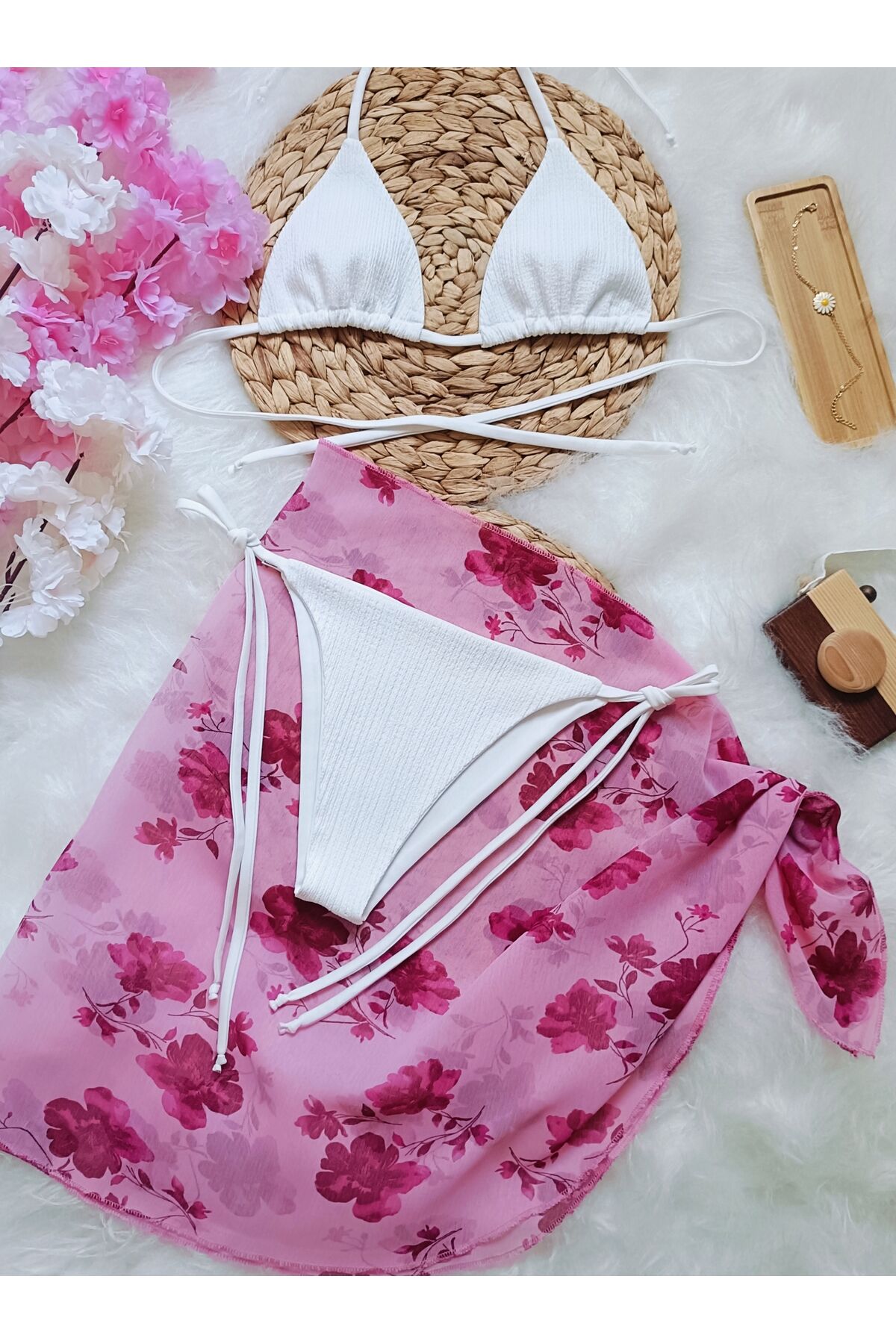 Kadın bikini takım pareo 3,lü set dolgusuz