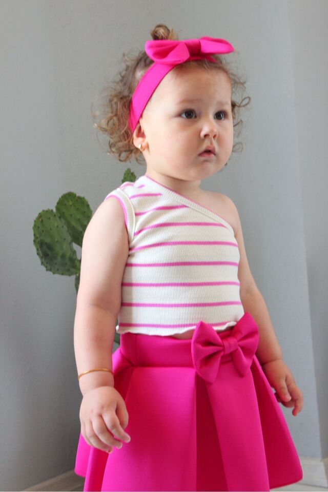 Kız çocuk 3 lü set etek crop bandana takımı