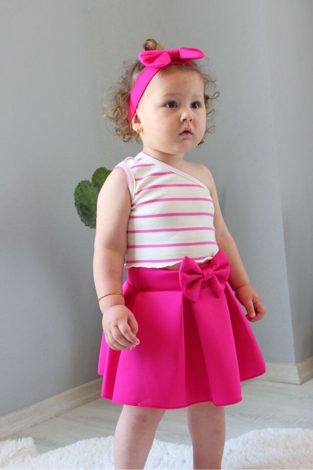 Kız çocuk 3 lü set etek crop bandana takımı