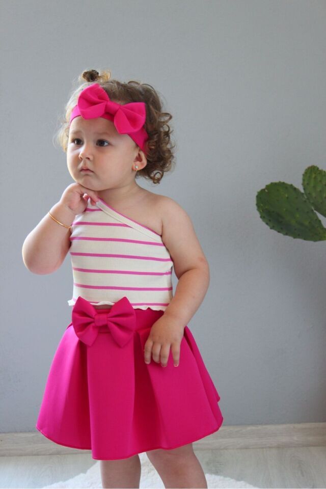 Kız çocuk 3 lü set etek crop bandana takımı
